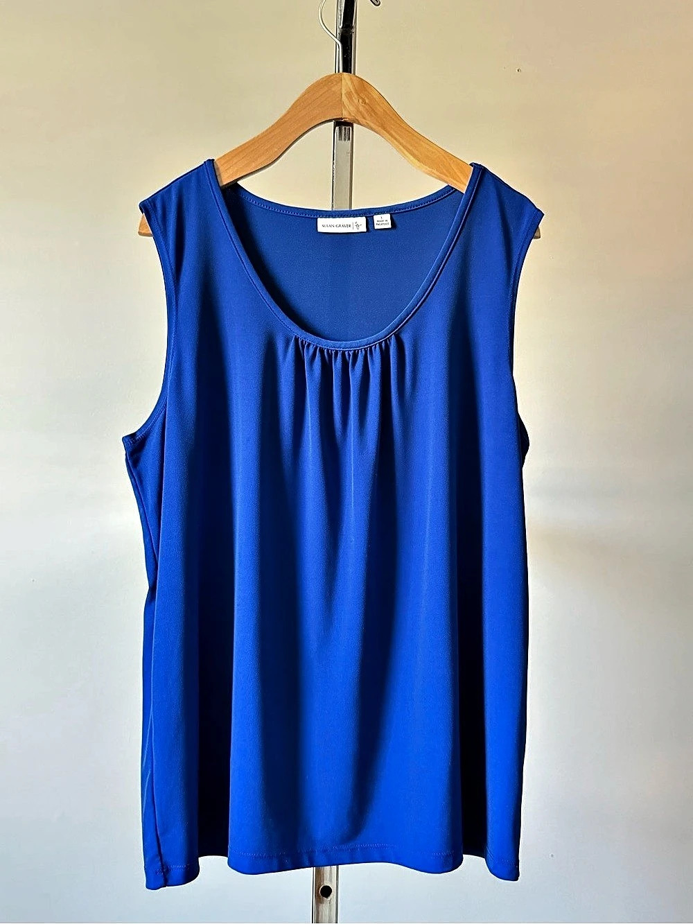 Susan Graver Liquid Knit Royal Blue Tank Top Pleated Blouse Size L QVC A209919